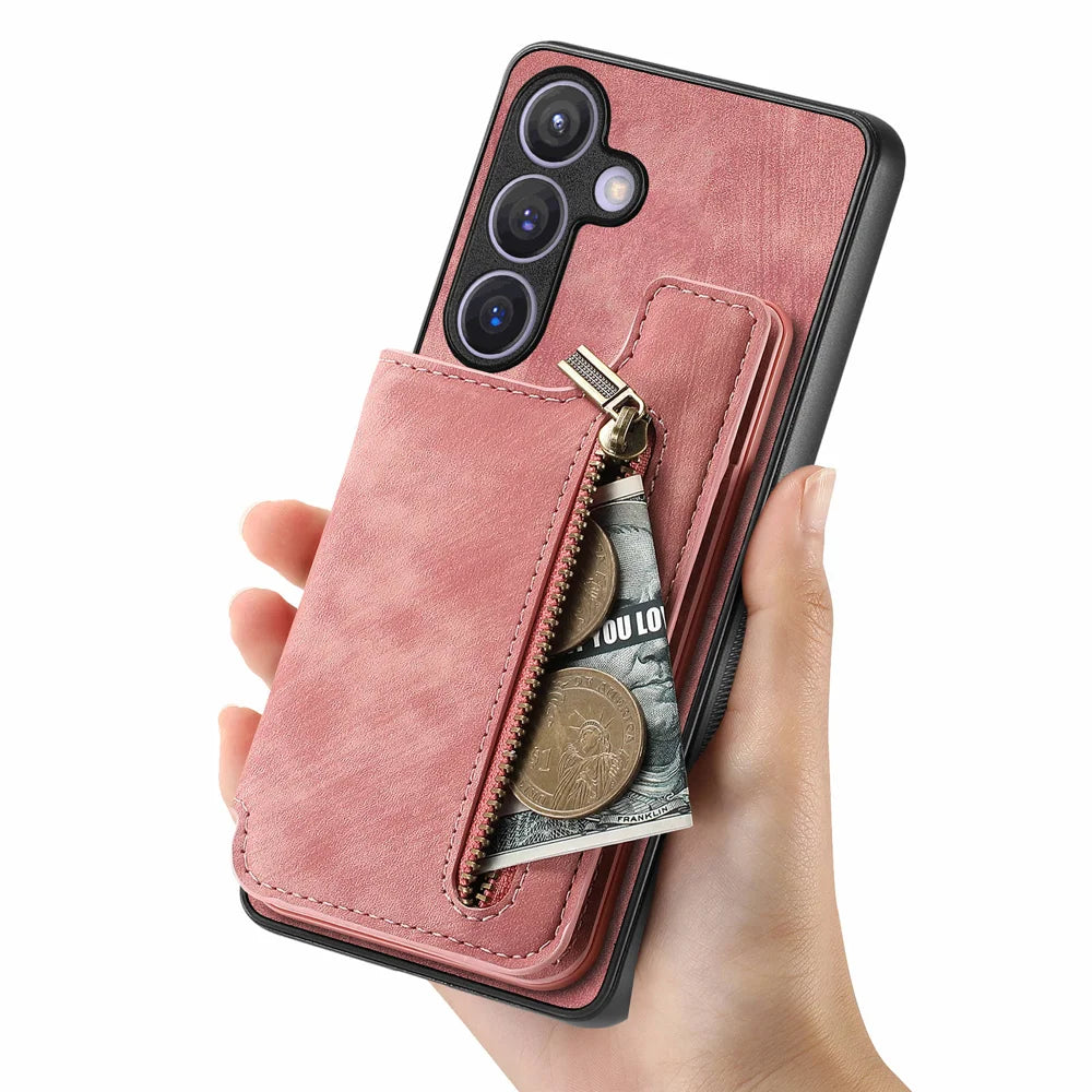 For Samsung Galaxy A27 5G Case with Zipper Card Holder Retro Leather TPU Phone Cover - Pink - 6