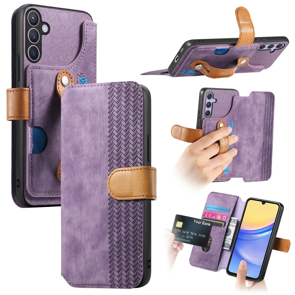 For Samsung Galaxy A27 5G Wallet Case For Xiaomi 15T Retro Leather Phone Cover with Wristband Kickstand - Pink - Purple - 1