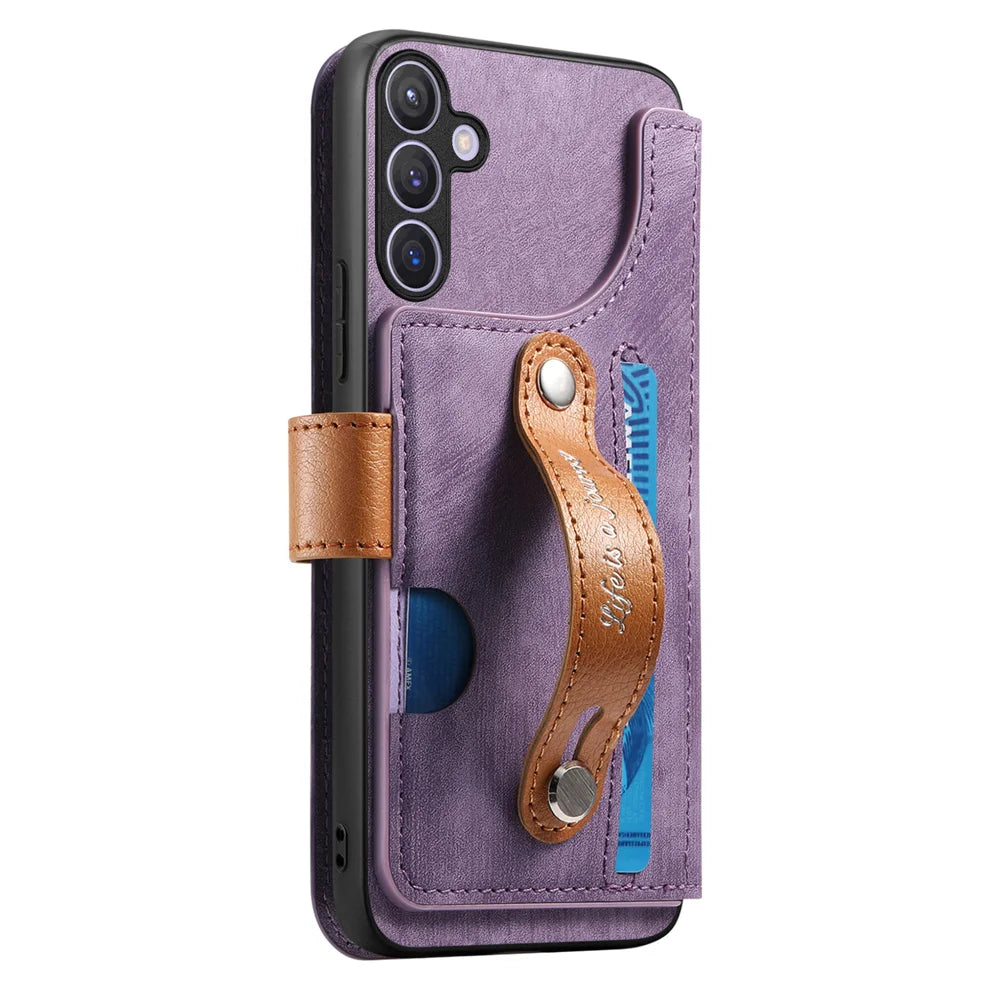 For Samsung Galaxy A27 5G Wallet Case For Xiaomi 15T Retro Leather Phone Cover with Wristband Kickstand - Pink - Purple - 3