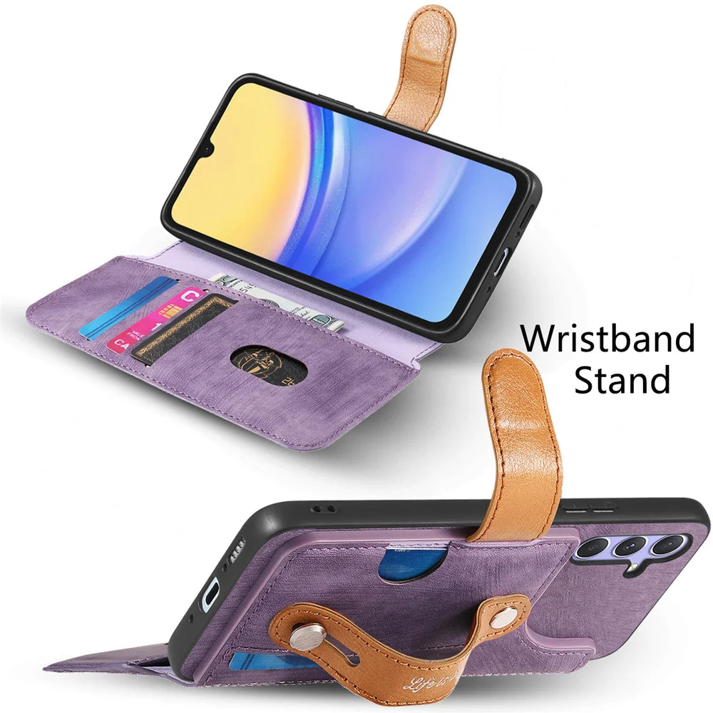 For Samsung Galaxy A27 5G Wallet Case For Xiaomi 15T Retro Leather Phone Cover with Wristband Kickstand - Pink - Purple - 5