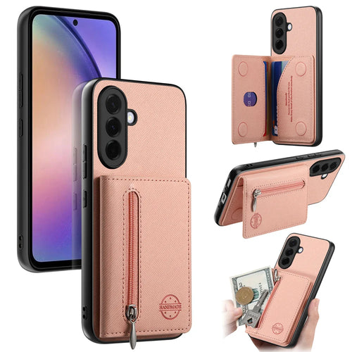 For Samsung Galaxy A27 5G Phone Case Zipper Card Holder Kickstand Jeans Cloth Texture Leather Back Cover - Pink - 1