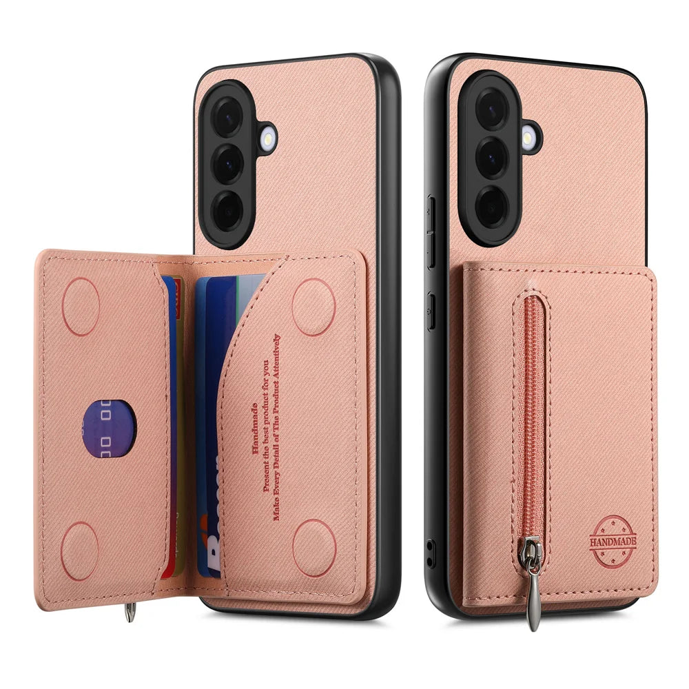 For Samsung Galaxy A27 5G Phone Case Zipper Card Holder Kickstand Jeans Cloth Texture Leather Back Cover - Pink - 2