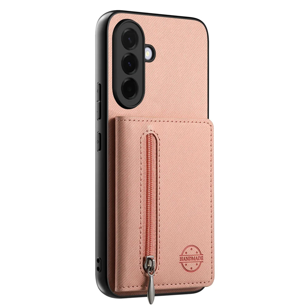 For Samsung Galaxy A27 5G Phone Case Zipper Card Holder Kickstand Jeans Cloth Texture Leather Back Cover - Pink - 3
