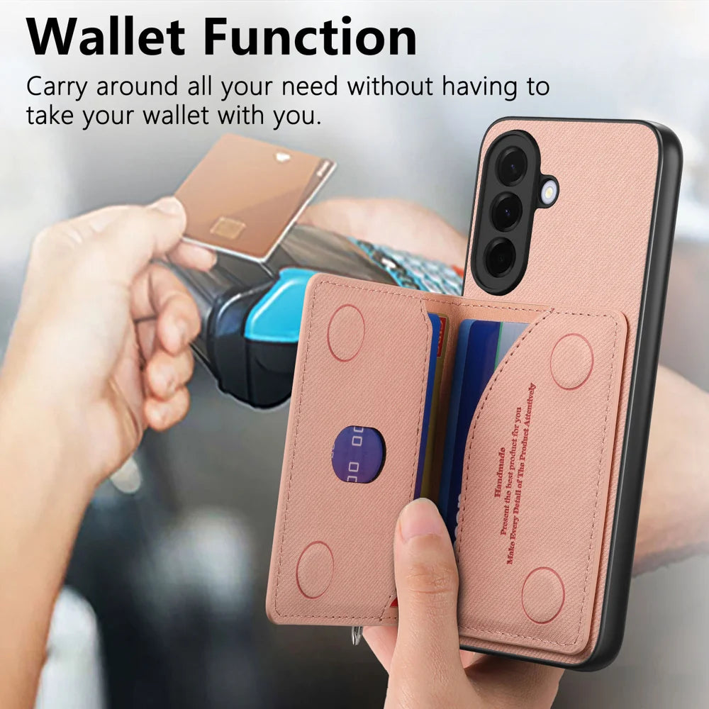 For Samsung Galaxy A27 5G Phone Case Zipper Card Holder Kickstand Jeans Cloth Texture Leather Back Cover - Pink - 4