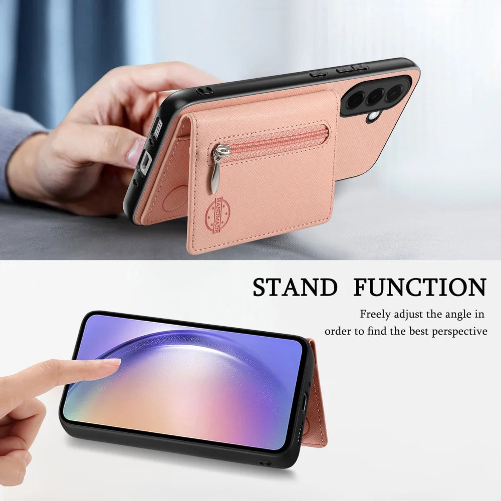 For Samsung Galaxy A27 5G Phone Case Zipper Card Holder Kickstand Jeans Cloth Texture Leather Back Cover - Pink - 5