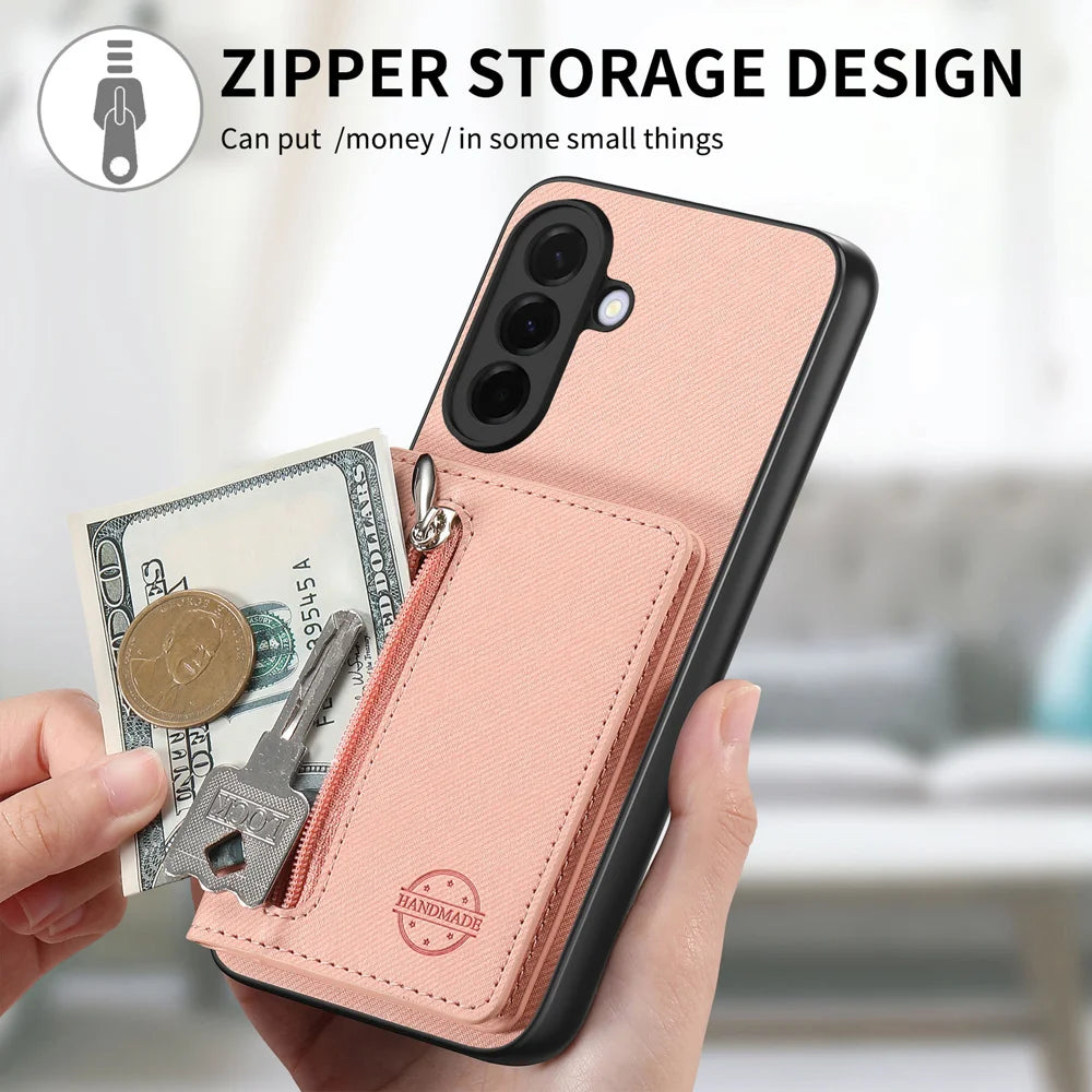 For Samsung Galaxy A27 5G Phone Case Zipper Card Holder Kickstand Jeans Cloth Texture Leather Back Cover - Pink - 7