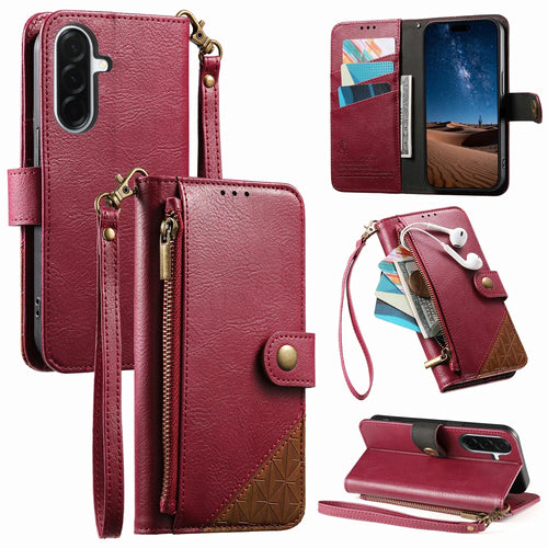 For Samsung Galaxy A27 5G Case Color Splicing TPU PU Leather Flip Shockproof Phone Cover with Wrist Strap - Red - 1