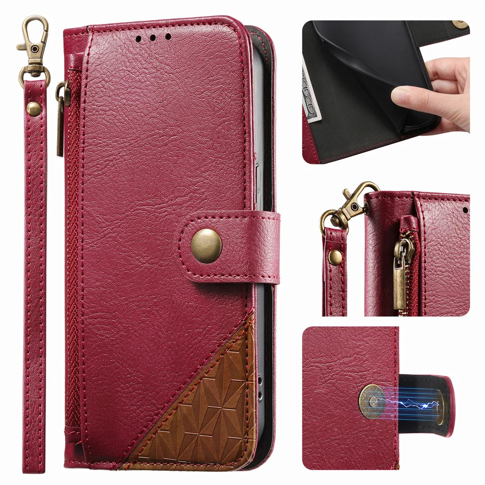 For Samsung Galaxy A27 5G Case Color Splicing TPU PU Leather Flip Shockproof Phone Cover with Wrist Strap - Red - 2