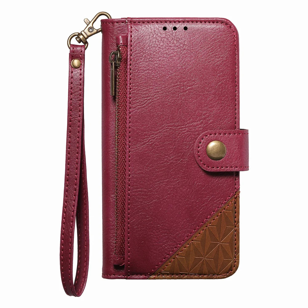 For Samsung Galaxy A27 5G Case Color Splicing TPU PU Leather Flip Shockproof Phone Cover with Wrist Strap - Red - 3