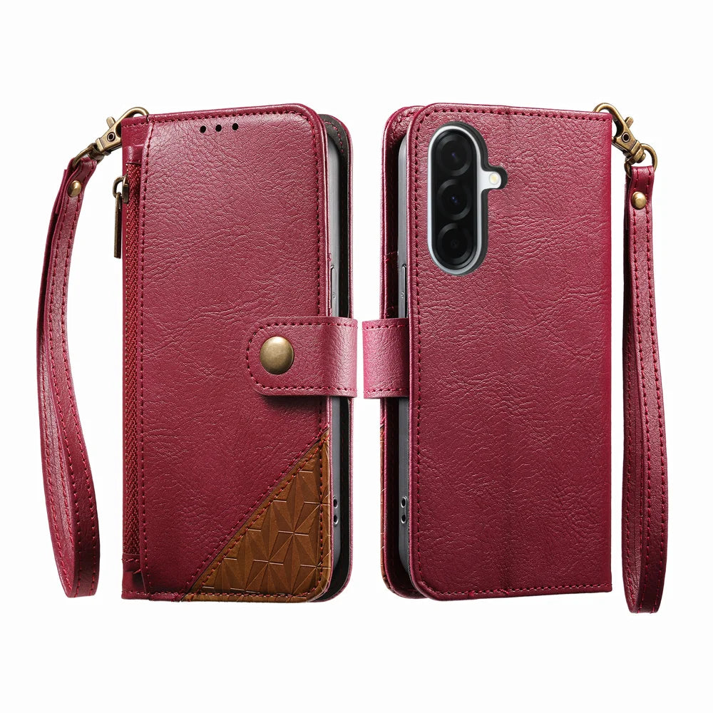 For Samsung Galaxy A27 5G Case Color Splicing TPU PU Leather Flip Shockproof Phone Cover with Wrist Strap - Red - 4