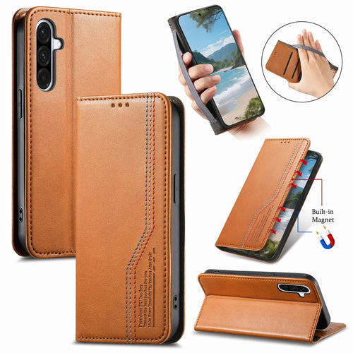 For Samsung Galaxy A27 5G Case Wallet Tri-Color Stitching Leather Phone Cover with Elastic Wristband - Brown - 1