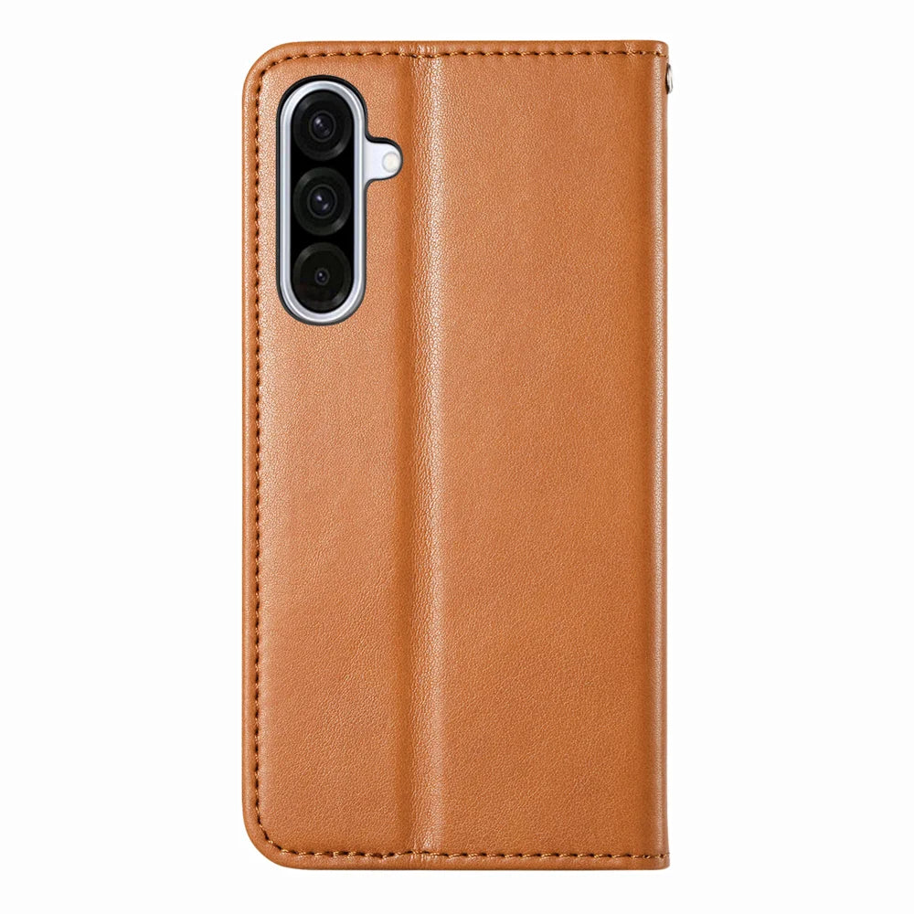 For Samsung Galaxy A27 5G Case Wallet Tri-Color Stitching Leather Phone Cover with Elastic Wristband - Brown - 2