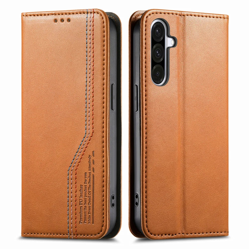 For Samsung Galaxy A27 5G Case Wallet Tri-Color Stitching Leather Phone Cover with Elastic Wristband - Brown - 3