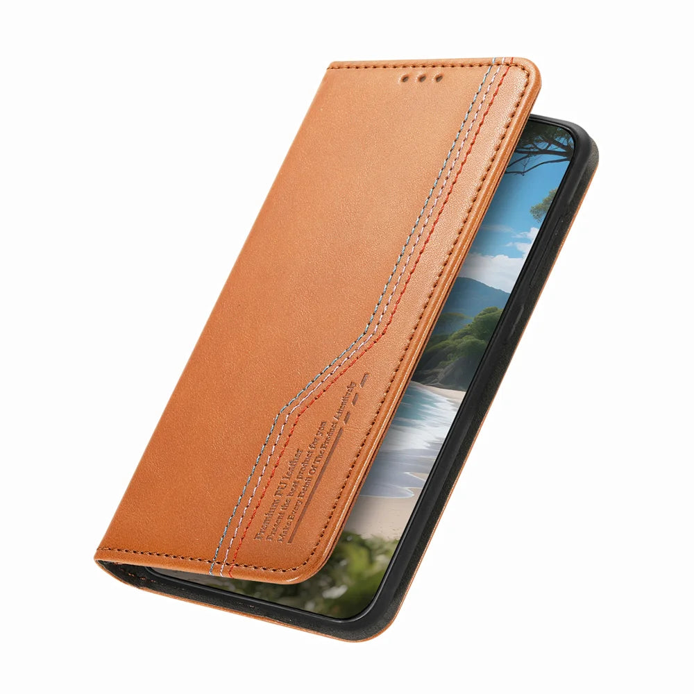 For Samsung Galaxy A27 5G Case Wallet Tri-Color Stitching Leather Phone Cover with Elastic Wristband - Brown - 5