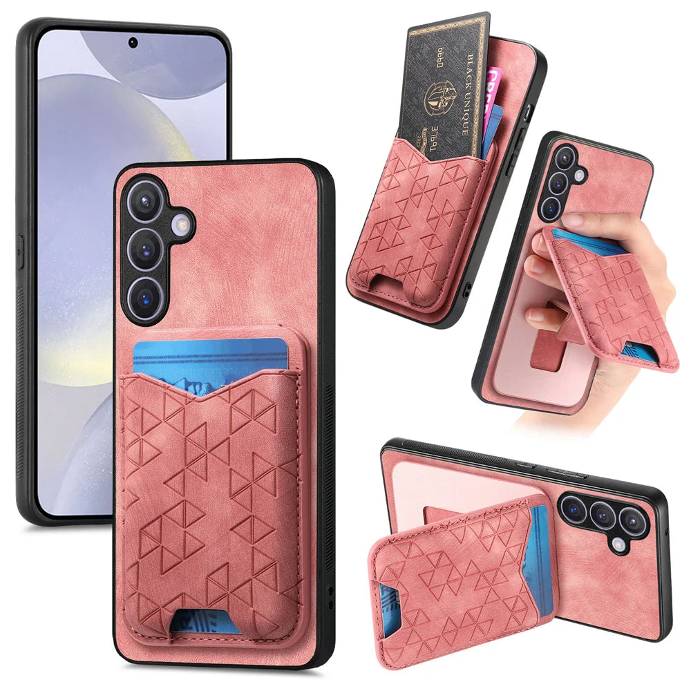 For Samsung Galaxy A27 5G Case Imprinted Pattern Card Holder Kickstand Leather Back Cover - Pink - 1