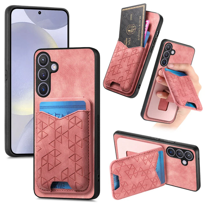 For Samsung Galaxy A27 5G Case Imprinted Pattern Card Holder Kickstand Leather Back Cover - Pink - 1
