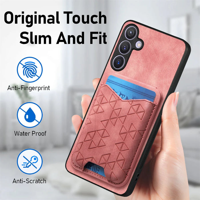 For Samsung Galaxy A27 5G Case Imprinted Pattern Card Holder Kickstand Leather Back Cover - Pink - 6
