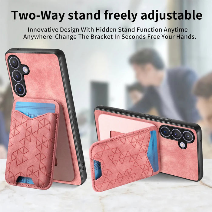 For Samsung Galaxy A27 5G Case Imprinted Pattern Card Holder Kickstand Leather Back Cover - Pink - 7