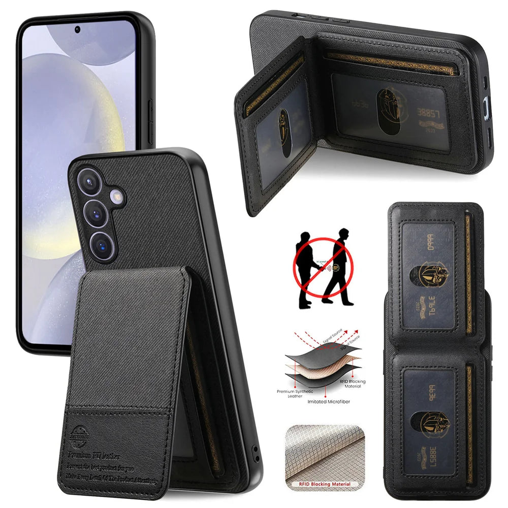 For Samsung Galaxy A27 5G Case Cloth Texture Leather + PC + TPU RFID Blocking Phone Cover with Card Holder - Black - 1