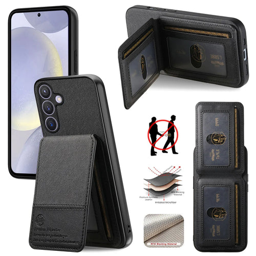 For Samsung Galaxy A27 5G Case Cloth Texture Leather + PC + TPU RFID Blocking Phone Cover with Card Holder - Black - 1