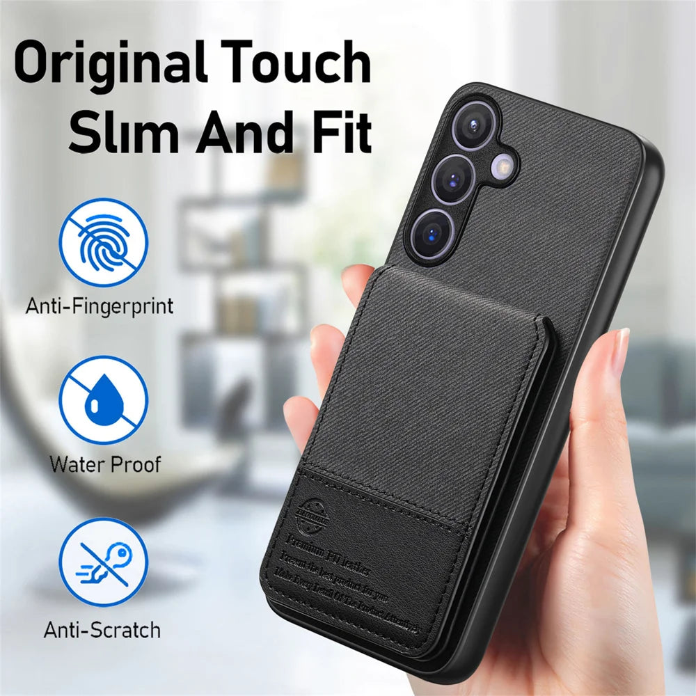 For Samsung Galaxy A27 5G Case Cloth Texture Leather + PC + TPU RFID Blocking Phone Cover with Card Holder - Black - 7