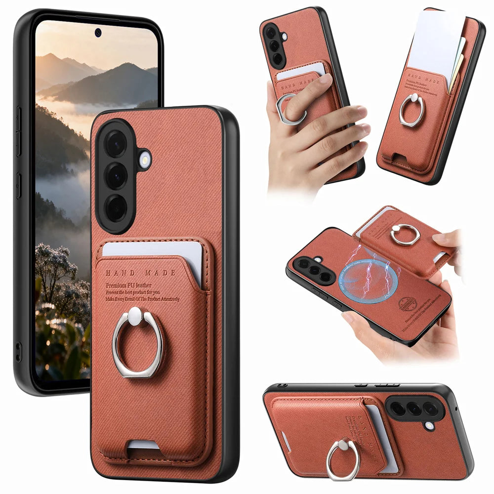 For Samsung Galaxy A27 5G Case Cloth Texture  Leather + PC + TPU Phone Cover with Detachable Magnetic Ring Kickstand Card Holder - Brown - 1