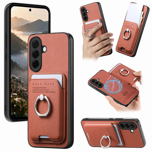 For Samsung Galaxy A27 5G Case Cloth Texture  Leather + PC + TPU Phone Cover with Detachable Magnetic Ring Kickstand Card Holder - Brown - 1