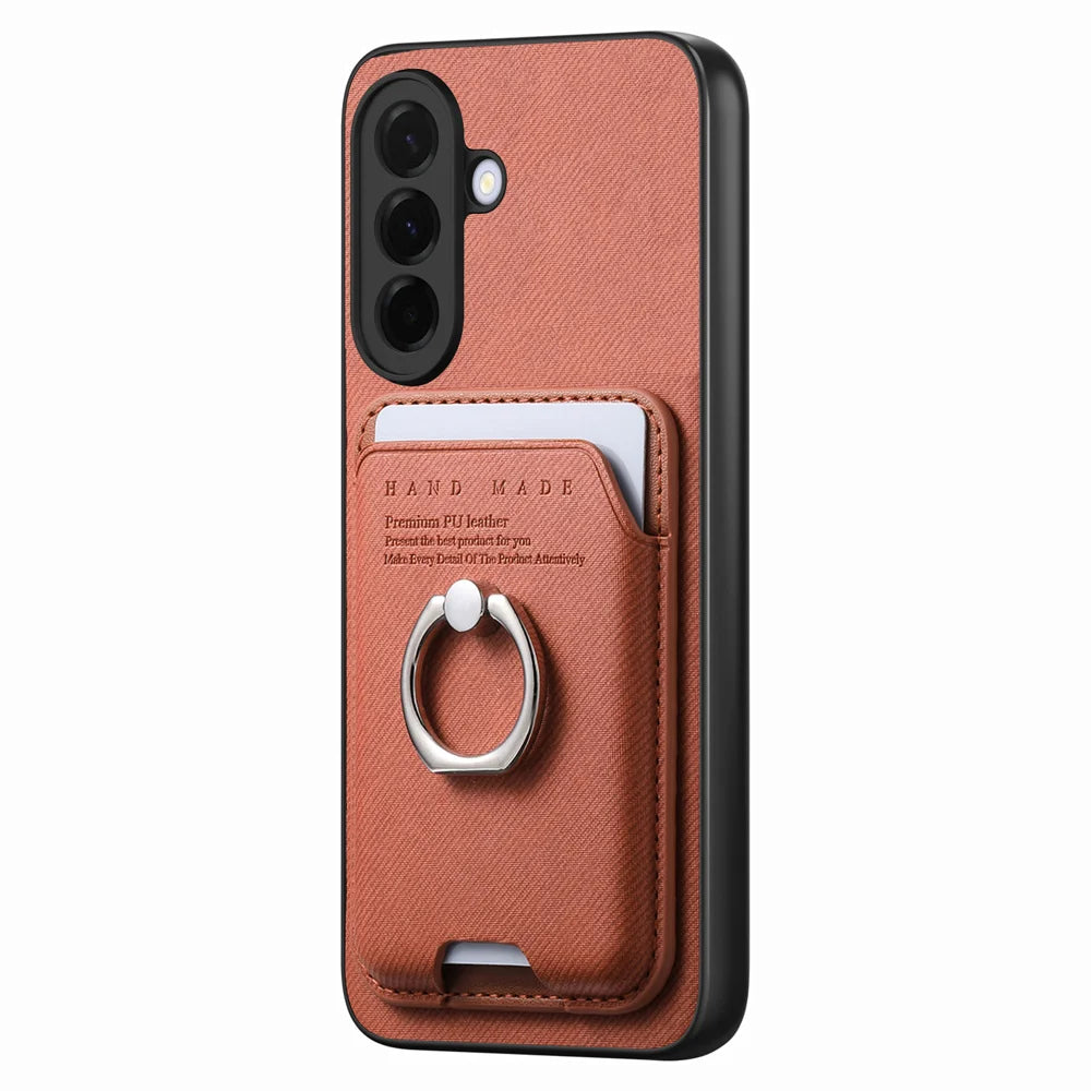 For Samsung Galaxy A27 5G Case Cloth Texture  Leather + PC + TPU Phone Cover with Detachable Magnetic Ring Kickstand Card Holder - Brown - 2