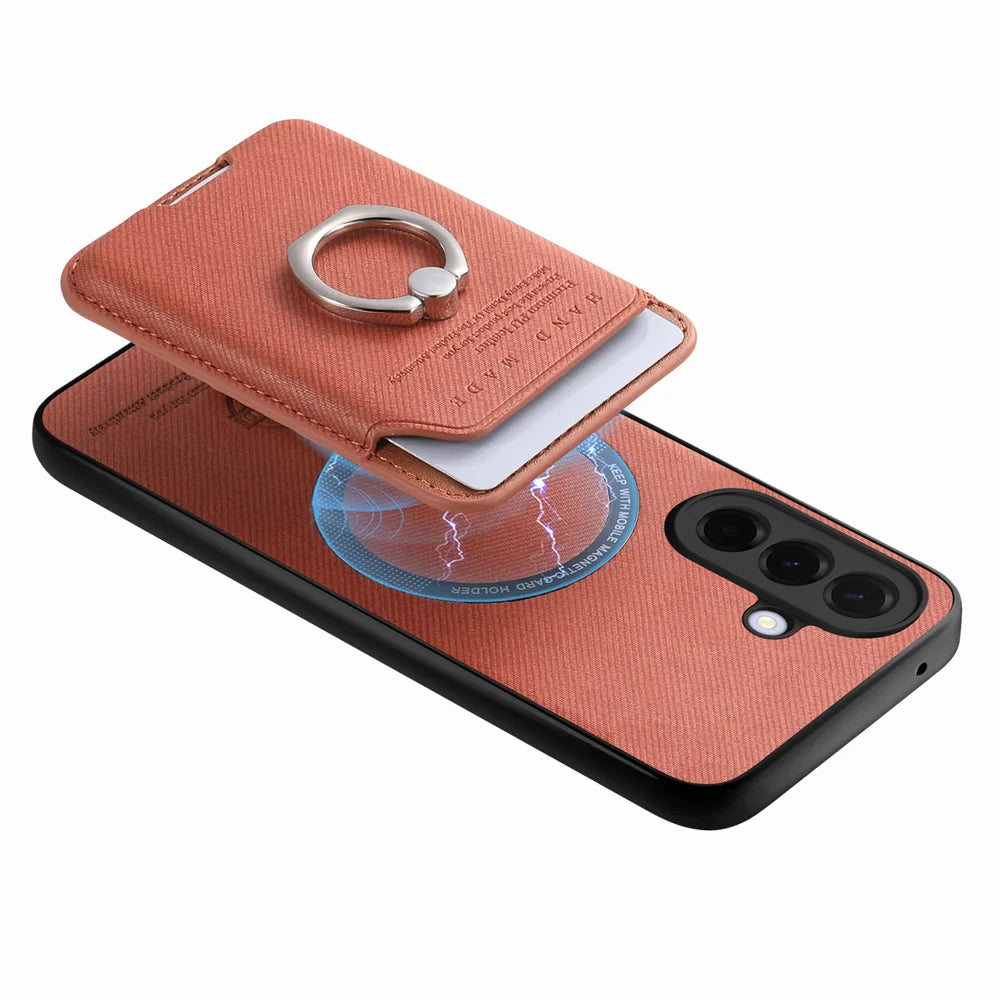 For Samsung Galaxy A27 5G Case Cloth Texture  Leather + PC + TPU Phone Cover with Detachable Magnetic Ring Kickstand Card Holder - Brown - 5