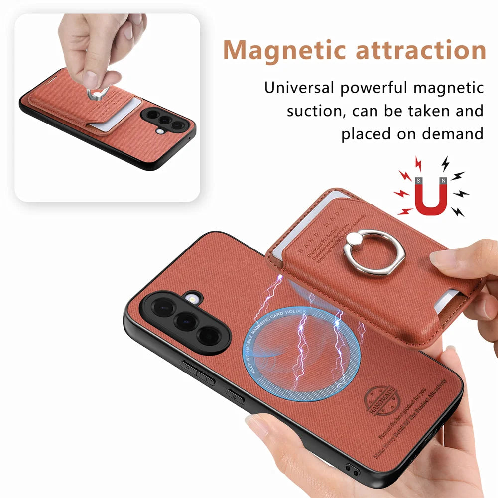 For Samsung Galaxy A27 5G Case Cloth Texture  Leather + PC + TPU Phone Cover with Detachable Magnetic Ring Kickstand Card Holder - Brown - 6