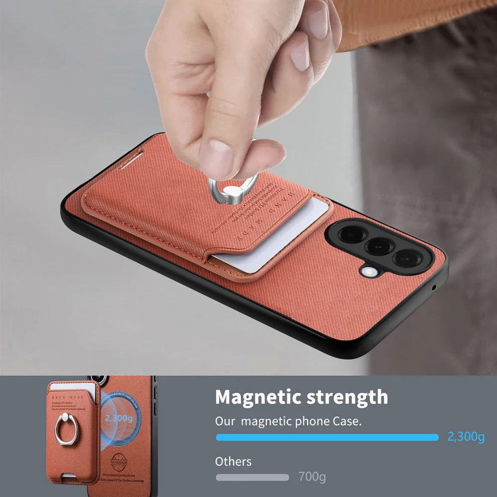For Samsung Galaxy A27 5G Case Cloth Texture  Leather + PC + TPU Phone Cover with Detachable Magnetic Ring Kickstand Card Holder - Brown - 7