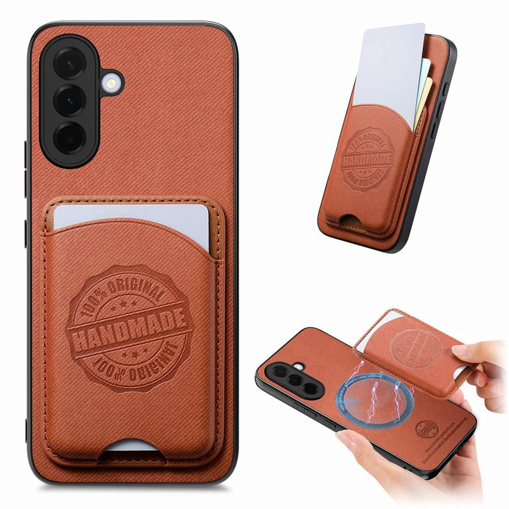 For Samsung Galaxy A27 5G Case Case Twill Texture Leather PC TPU Phone Cover with Detachable Magnetic Card Holder - Brown - 1