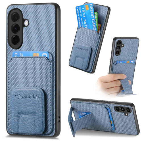 For Samsung Galaxy A27 5G Case Card Holder Carbon Fiber Texture Leather Coated TPU Phone Cover - Blue - 1