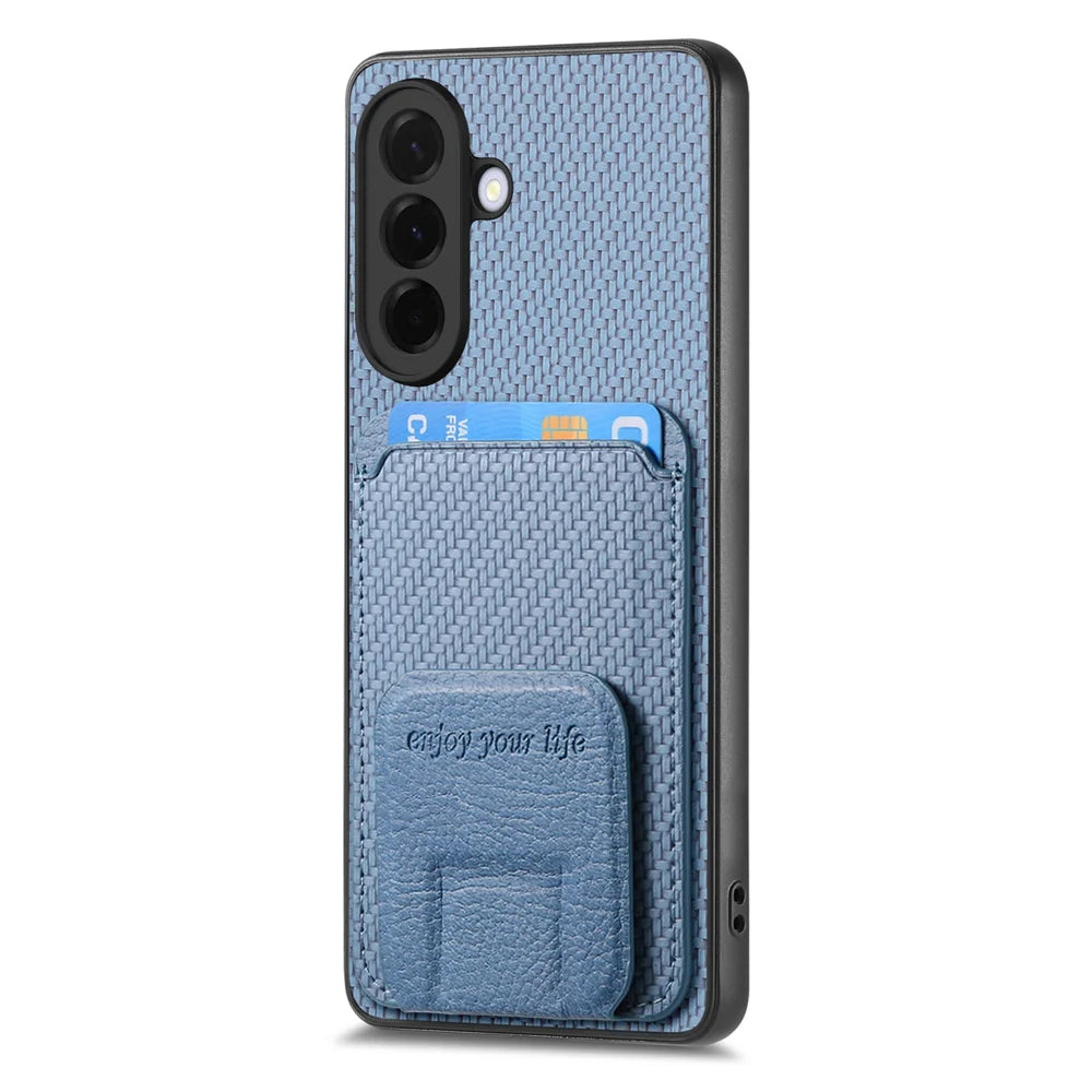 For Samsung Galaxy A27 5G Case Card Holder Carbon Fiber Texture Leather Coated TPU Phone Cover - Blue - 2