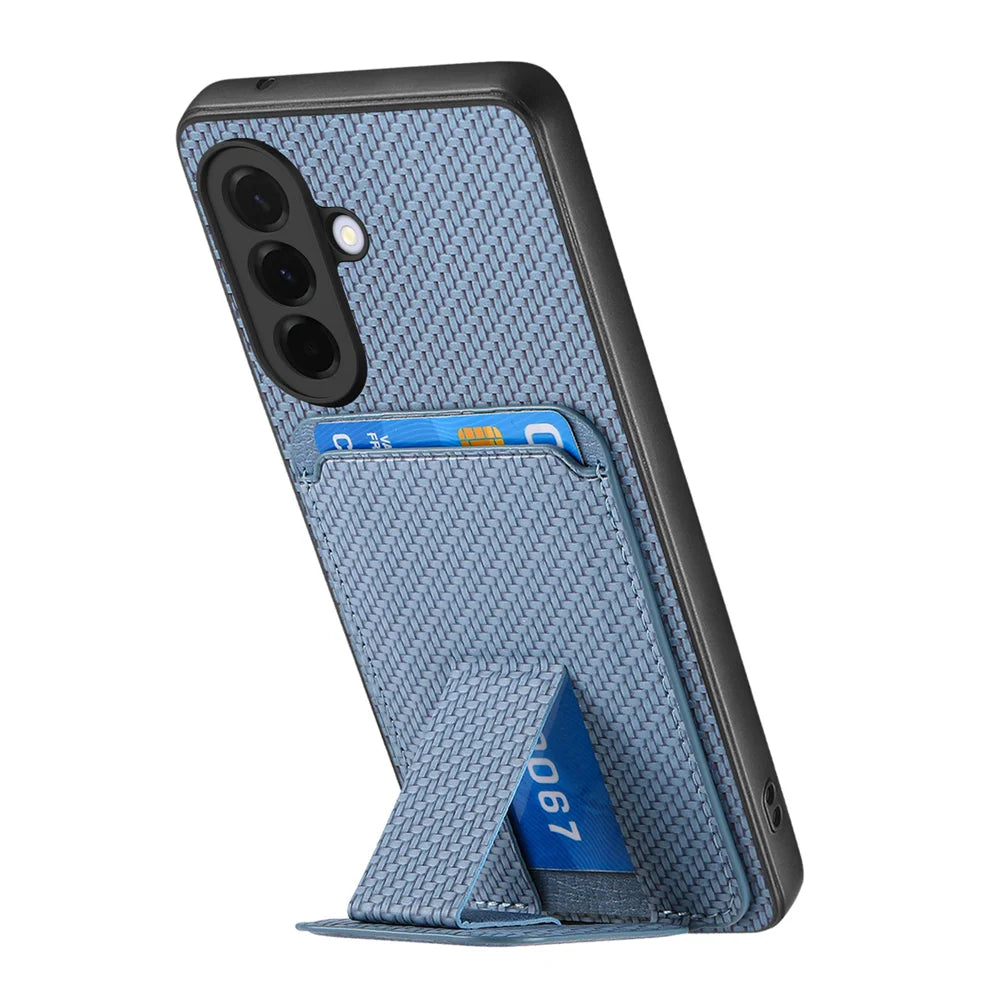 For Samsung Galaxy A27 5G Case Card Holder Carbon Fiber Texture Leather Coated TPU Phone Cover - Blue - 3