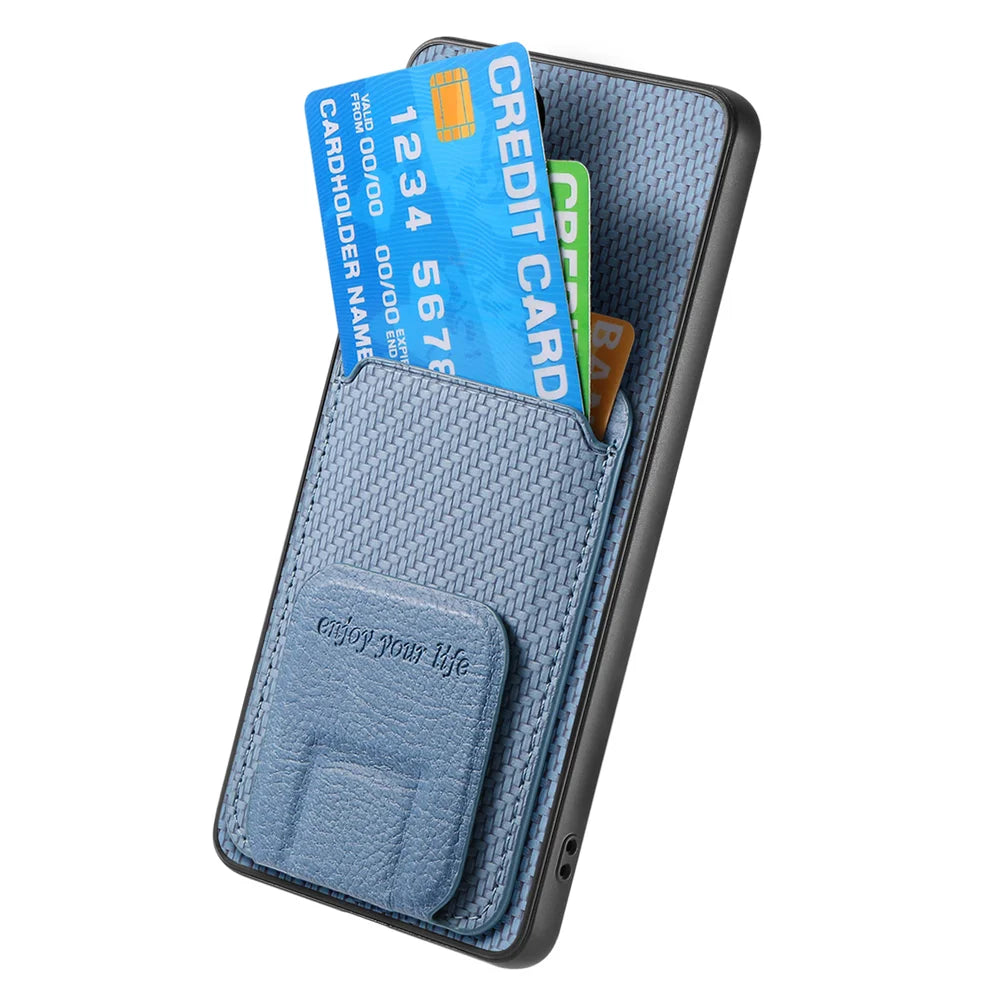 For Samsung Galaxy A27 5G Case Card Holder Carbon Fiber Texture Leather Coated TPU Phone Cover - Blue - 4