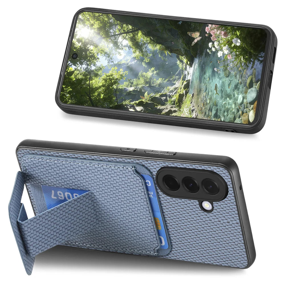 For Samsung Galaxy A27 5G Case Card Holder Carbon Fiber Texture Leather Coated TPU Phone Cover - Blue - 5