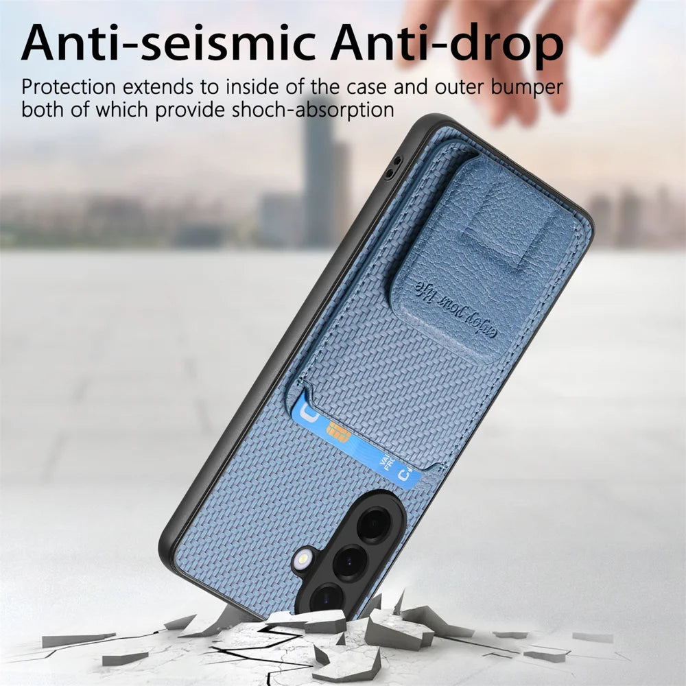 For Samsung Galaxy A27 5G Case Card Holder Carbon Fiber Texture Leather Coated TPU Phone Cover - Blue - 6