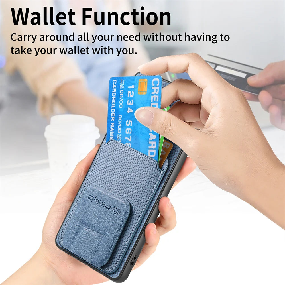 For Samsung Galaxy A27 5G Case Card Holder Carbon Fiber Texture Leather Coated TPU Phone Cover - Blue - 7