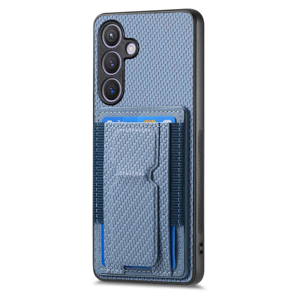 For Samsung Galaxy A27 5G Case with Card Holder Kickstand Fiber Pattern Leather Back Cover - Blue - 2