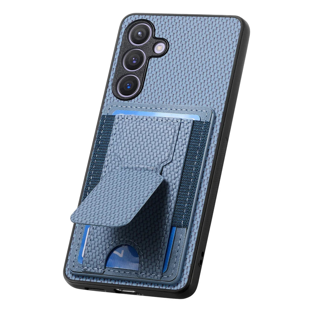 For Samsung Galaxy A27 5G Case with Card Holder Kickstand Fiber Pattern Leather Back Cover - Blue - 3