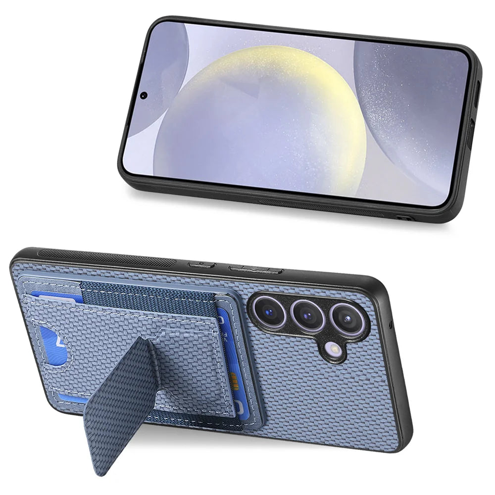 For Samsung Galaxy A27 5G Case with Card Holder Kickstand Fiber Pattern Leather Back Cover - Blue - 7