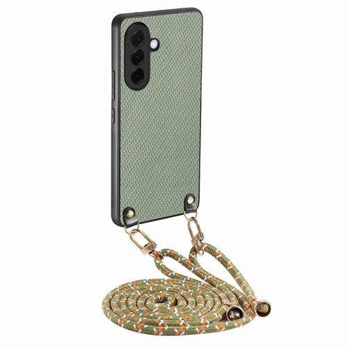 For Samsung Galaxy A27 5G Case Carbon Fiber Texture Hybrid Phone Back Cover with Adjustable Strap - Green - 1