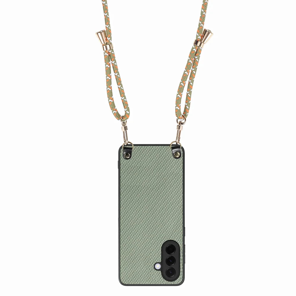 For Samsung Galaxy A27 5G Case Carbon Fiber Texture Hybrid Phone Back Cover with Adjustable Strap - Green - 3