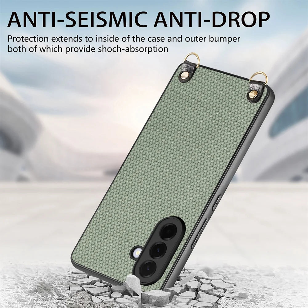 For Samsung Galaxy A27 5G Case Carbon Fiber Texture Hybrid Phone Back Cover with Adjustable Strap - Green - 4