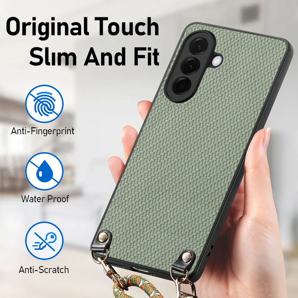 For Samsung Galaxy A27 5G Case Carbon Fiber Texture Hybrid Phone Back Cover with Adjustable Strap - Green - 5