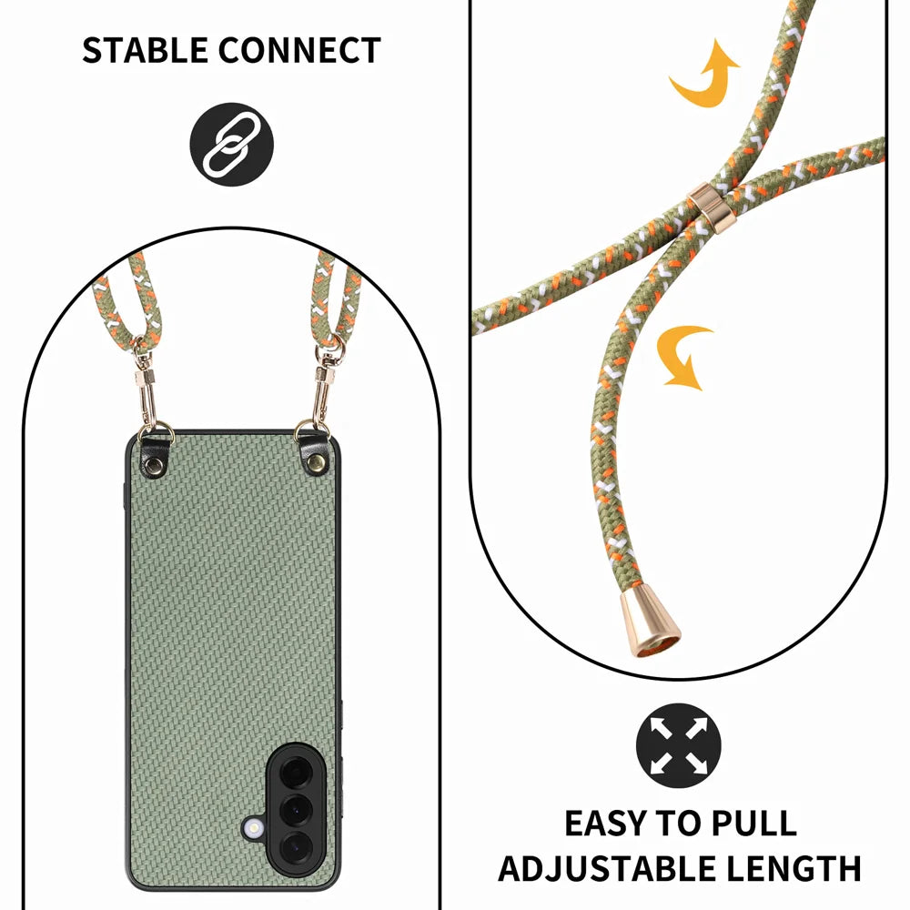 For Samsung Galaxy A27 5G Case Carbon Fiber Texture Hybrid Phone Back Cover with Adjustable Strap - Green - 6