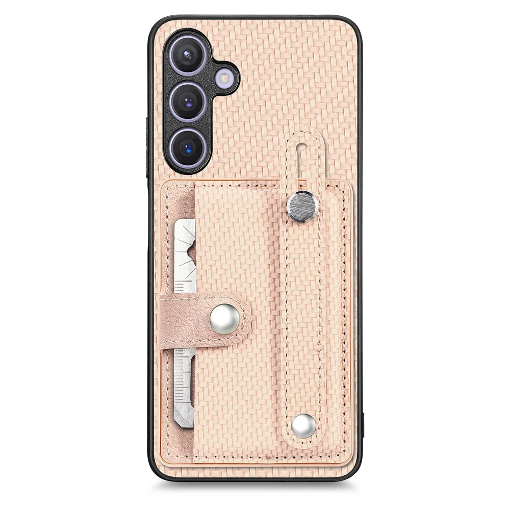 For Samsung Galaxy A27 5G Case Carbon Fiber Texture Leather Phone Back Cover with Card Holder - Khaki - 1