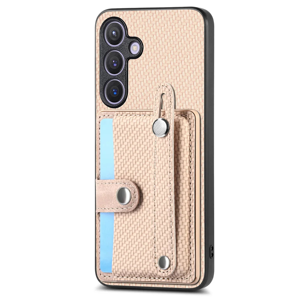 For Samsung Galaxy A27 5G Case Carbon Fiber Texture Leather Phone Back Cover with Card Holder - Khaki - 2