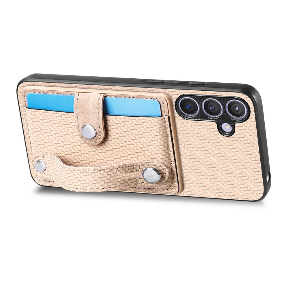 For Samsung Galaxy A27 5G Case Carbon Fiber Texture Leather Phone Back Cover with Card Holder - Khaki - 3
